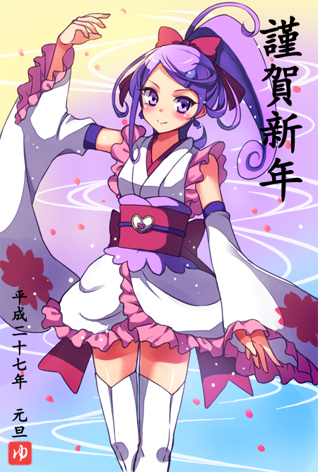 1girl anmitsu_komachi bow cure_fortune cure_fortune_(cosplay) cure_sword detached_sleeves dokidoki!_precure earrings hair_bow hair_ornament hairclip happinesscharge_precure! happy_new_year japanese_clothes jewelry kenzaki_makoto long_hair magical_girl new_year ponytail precure purple_hair smile solo spade_hair_ornament thigh-highs translated violet_eyes yukiya_(shiya)
