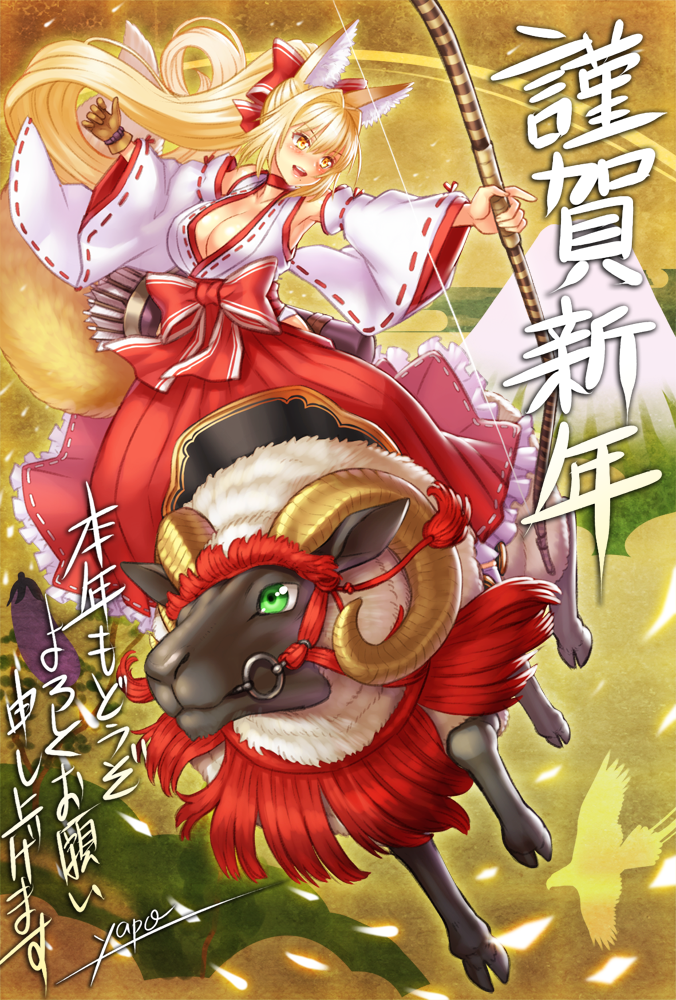 animal_ears blonde_hair bow bow_(weapon) breasts cleavage detached_sleeves fox_ears hair_bow horns japanese_clothes long_hair miko nengajou orange_eyes original ponytail riding sheep signature very_long_hair weapon yapo_(croquis_side)