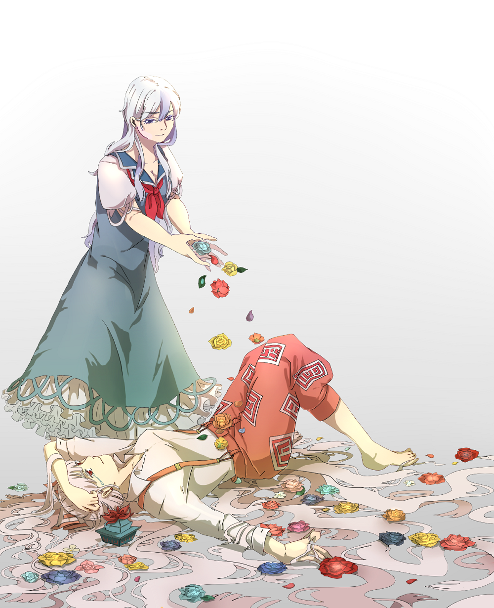 2girls absurdly_long_hair backlighting barefoot blue_dress blue_hair bow breasts cleavage collarbone collared_shirt commentary_request crying crying_with_eyes_open dress flower frilled_dress frills fujiwara_no_mokou hair_bow hat hat_removed headwear_removed highres kamishirasawa_keine long_hair long_sleeves looking_at_another lying mokoiscat multicolored_hair multiple_girls on_back petals puffy_short_sleeves puffy_sleeves red_eyes ribbon short_sleeves smile suspenders tears touhou two-tone_hair very_long_hair white_dress white_hair