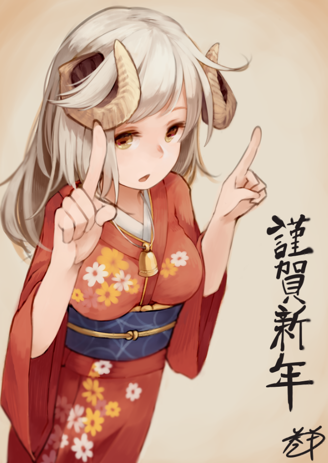 1girl bell brown_eyes horns japanese_clothes jewelry kimono long_hair looking_at_viewer necklace new_year open_mouth original pointing pointing_up roll_okashi sheep_horns silver_hair sketch solo translated