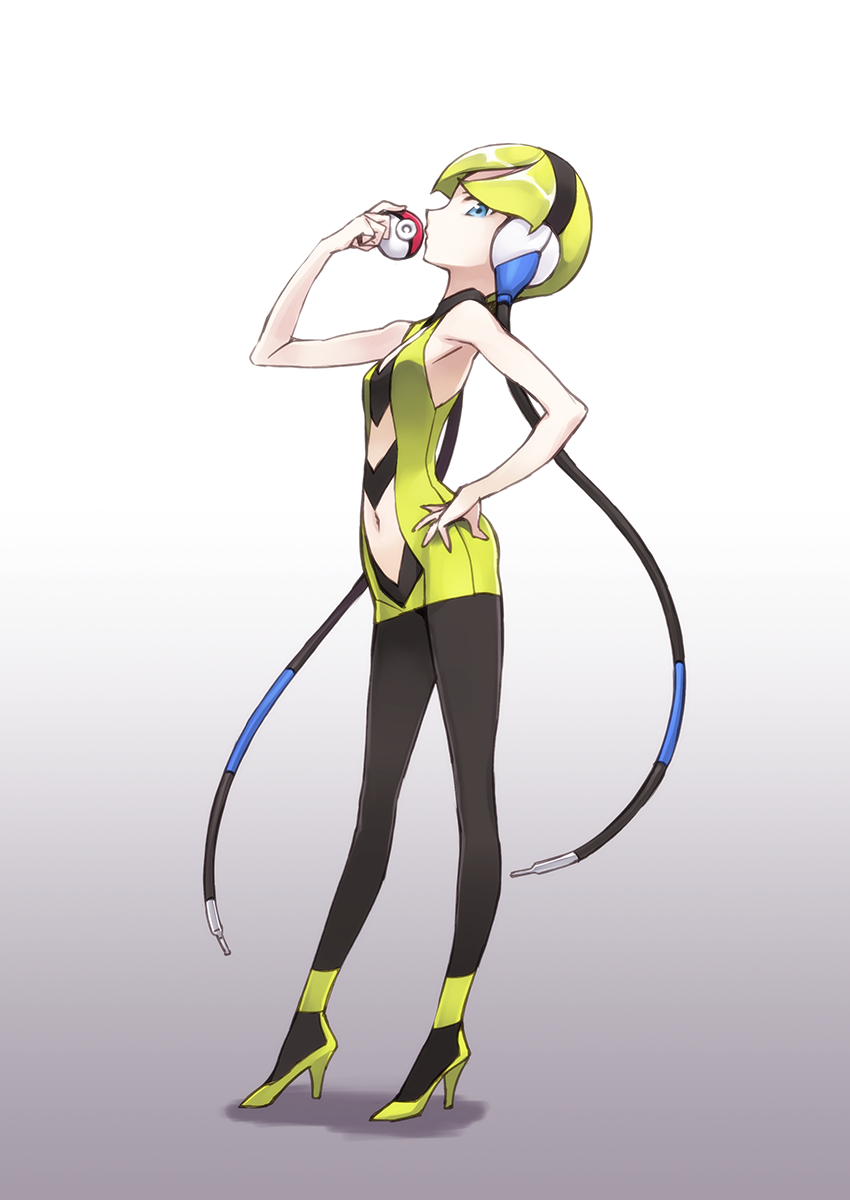 1girl bad_id black_legwear blonde_hair blue_eyes cable full_body headphones highres holding holding_poke_ball kamitsure_(pokemon) matsuryuu navel navel_cutout pantyhose poke_ball pokemon pokemon_(game) pokemon_bw short_hair solo