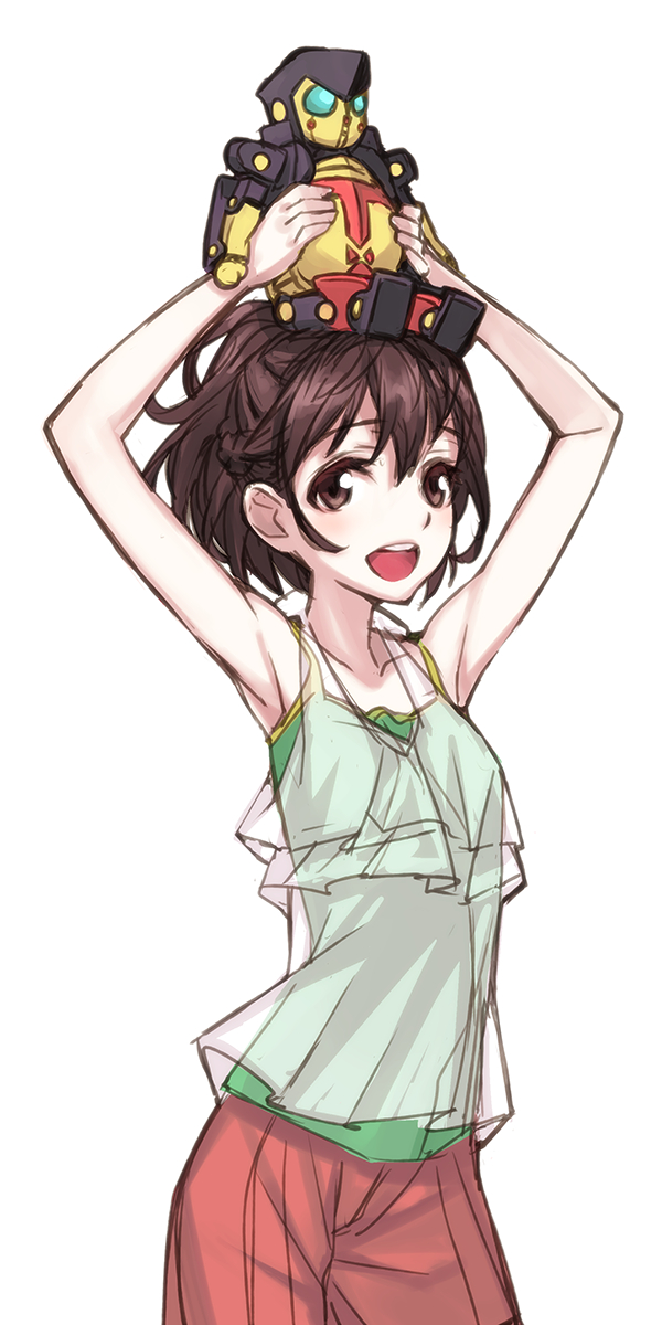 1girl :d armpits arms_up bad_id casual highres matsuryuu object_on_head open_mouth robot robotics;notes senomiya_akiho short_hair simple_background smile solo white_background