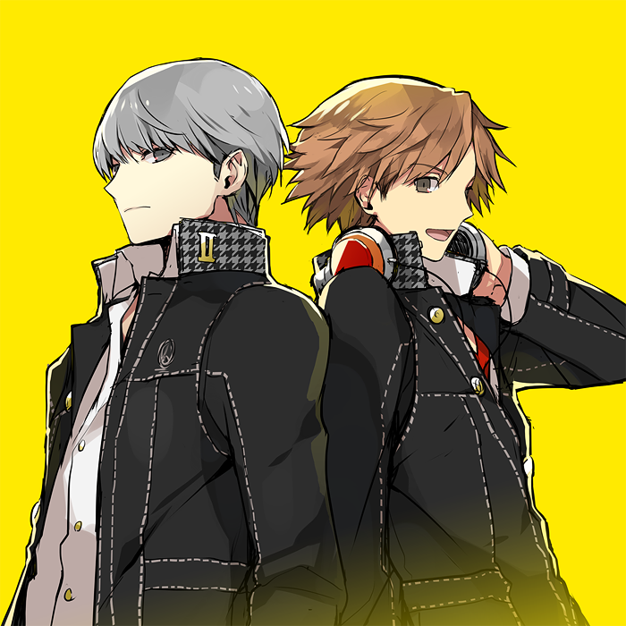 2boys back-to-back brown_hair bust grey_hair hanamura_yousuke headphones houndstooth male_focus mami_(apsaras) multiple_boys narukami_yuu open_mouth persona persona_4 short_hair simple_background unmoving_pattern yellow_background
