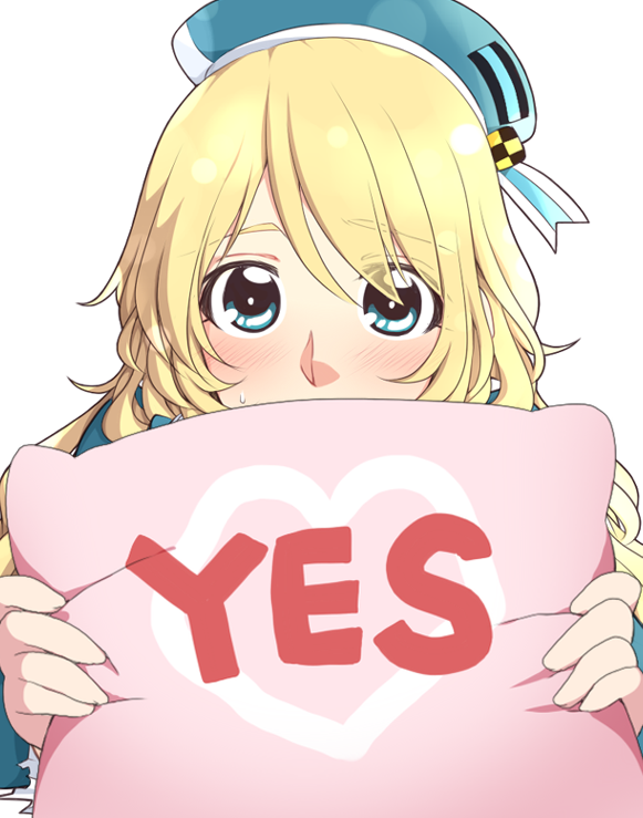 1girl atago_(kantai_collection) beret black_gloves blonde_hair blue_eyes blush breast_rest breasts covering_mouth embarrassed gloves hat kantai_collection large_breasts long_hair looking_at_viewer military military_uniform neko_majin pillow solo translation_request uniform yes-no_pillow