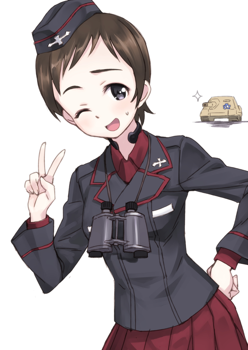 1girl ;d bad_id binoculars black_eyes brown_hair character_request extra garrison_cap girls_und_panzer hand_on_hip hat hetzer highres jacket looking_at_viewer matsuryuu military military_uniform military_vehicle one_eye_closed open_mouth ritaiko_(girls_und_panzer) short_hair simple_background skirt smile solo tank tank_destroyer throat_microphone uniform v vehicle white_background