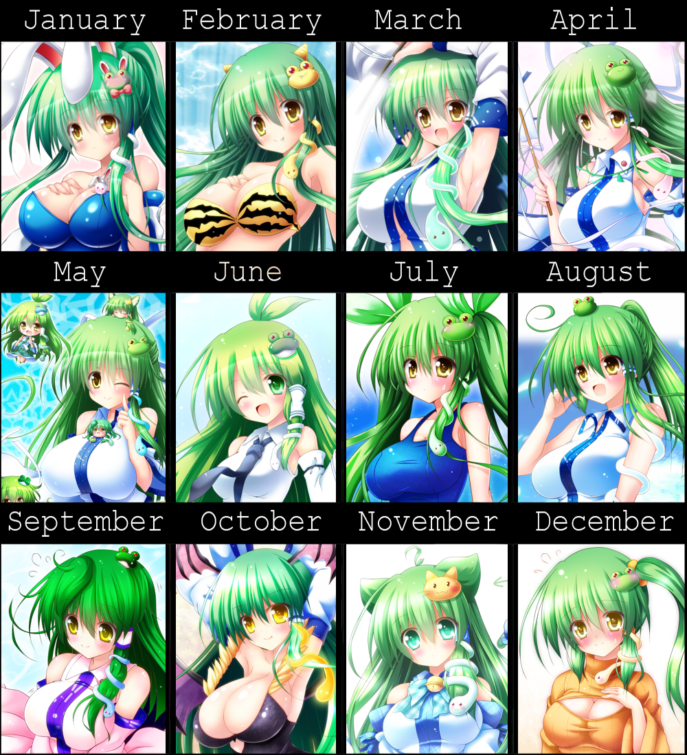 1girl ahoge animal_ears armpits arms_behind_head arms_up bare_shoulders bell bikini blue_swimsuit blush bow breasts bunnysuit cat_ears cat_hair_ornament chart chibi detached_sleeves expressive_clothes fang frog_hair_ornament girl_on_head gohei green_eyes green_hair hair_bow hair_ornament hair_ribbon hair_tubes head_wings horns jingle_bell kemonomimi_mode kochiya_sanae large_breasts looking_at_viewer neckerchief one-piece_swimsuit one_eye_closed open-chest_sweater open_mouth osashin_(osada) pantyhose pantyhose_pull plaid plaid_bow rabbit_ears ribbed_sweater ribbon school_uniform serafuku side_ponytail skirt smile snake_hair_ornament star sweatdrop sweater swimsuit tiger_print tongue tongue_out touhou yellow_eyes yukkuri_shiteitte_ne