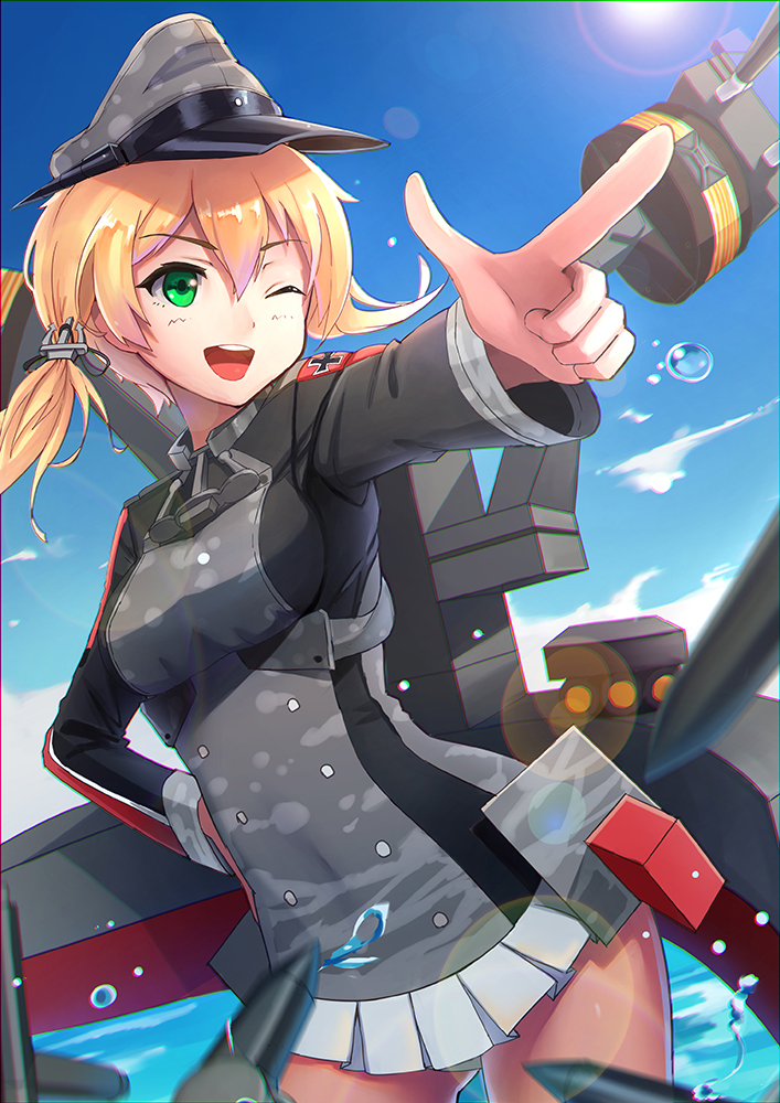 &gt;;d 1girl ;d anchor_hair_ornament black_ribbon blonde_hair blue_sky camouflage camouflage_hat clouds green_eyes grey_panties hair_ornament hair_ribbon hand_on_hip hat iron_cross kantai_collection lens_flare long_hair long_sleeves machinery microskirt military military_uniform one_eye_closed open_mouth panties pantyshot pantyshot_(standing) peaked_cap pleated_skirt pointing prinz_eugen_(kantai_collection) ribbon skirt sky smile solo standing sun turret twintails underwear uniform water white_skirt yi_l_chen_5
