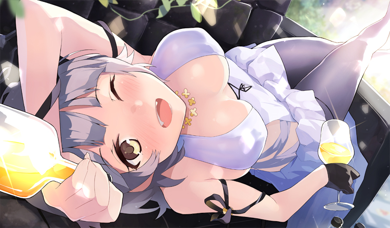 1girl alternate_costume arm_on_head arm_up azur_lane bangs black_gloves black_ribbon blunt_bangs blush bottle breasts couch cup dress fangs gloves grey_hair holding holding_bottle holding_cup jewelry kekemotsu large_breasts legs_up looking_at_viewer lying necklace no_bra official_art on_back on_couch one_eye_closed open_mouth pantyhose purple_dress purple_legwear ribbon seattle_(azur_lane) seattle_(gorgeous_party)_(azur_lane) short_hair sidelocks single_glove skindentation smile solo sparkle sunlight tongue upside-down