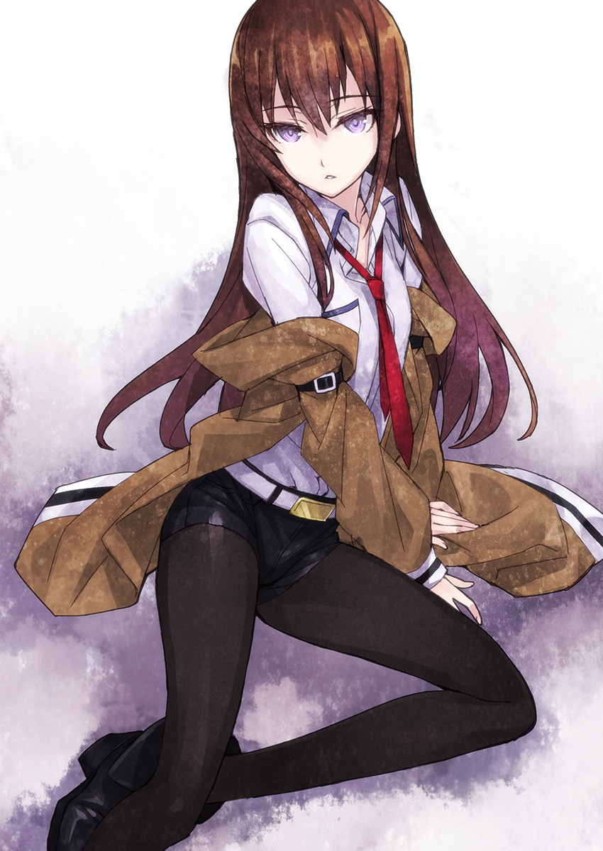 1girl belt black_legwear boots brown_hair highres jacket legwear_under_shorts long_hair looking_at_viewer makise_kurisu matsuryuu necktie off_shoulder pantyhose shorts solo steins;gate violet_eyes