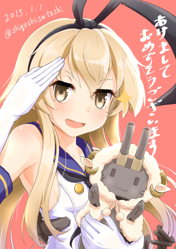 1girl 2015 :3 blonde_hair dated gloves hairband kantai_collection long_hair looking_at_viewer panikuru_yuuto rensouhou-chan salute sheep shimakaze_(kantai_collection) twitter_username white_gloves yellow_eyes