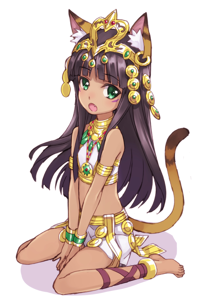 1girl :o animal_ears ankle_lace-up anklet armlet bad_id barefoot bastet_(p&amp;d) black_hair blush bracer cat_ears cat_tail cross-laced_footwear dark_skin egyptian facial_mark fang full_body green_eyes highres jewelry long_hair looking_at_viewer matsuryuu necklace petite puzzle_&amp;_dragons simple_background sitting solo tail tiara v_arms wariza white_background