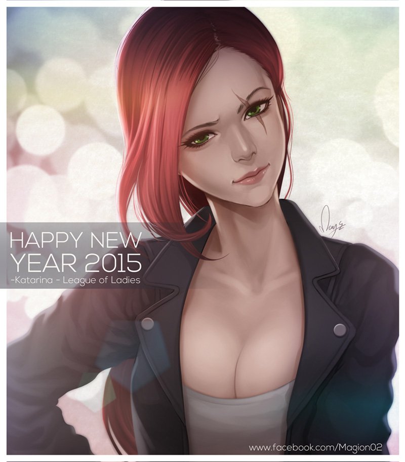 2015 blurry bokeh breasts bust character_name cleavage collarbone depth_of_field green_eyes happy_new_year katarina_du_couteau league_of_legends lips long_hair looking_at_viewer magion02 new_year redhead scar scar_across_eye watermark web_address