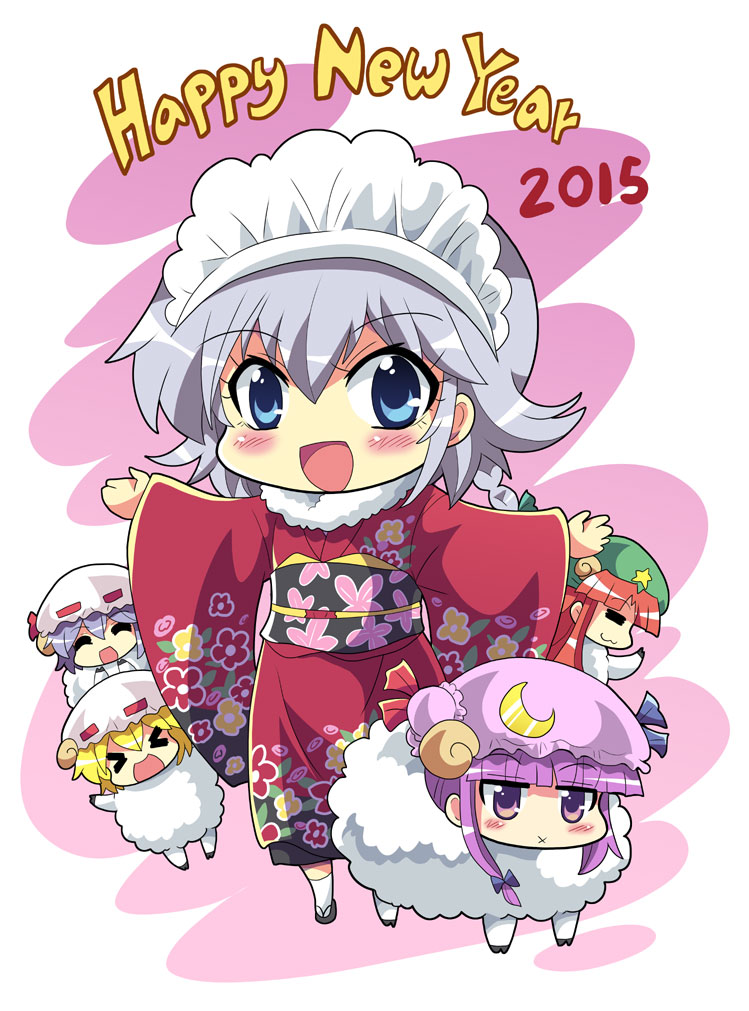 &gt;_&lt; 5girls :3 :d :x =_= alternate_costume animal_costume blonde_hair blue_eyes chibi colonel_aki flandre_scarlet happy_new_year hat hong_meiling izayoi_sakuya japanese_clothes kimono long_hair maid_headdress mob_cap multiple_girls new_year open_mouth patchouli_knowledge purple_hair redhead remilia_scarlet sheep_costume short_hair silver_hair smile touhou violet_eyes xd
