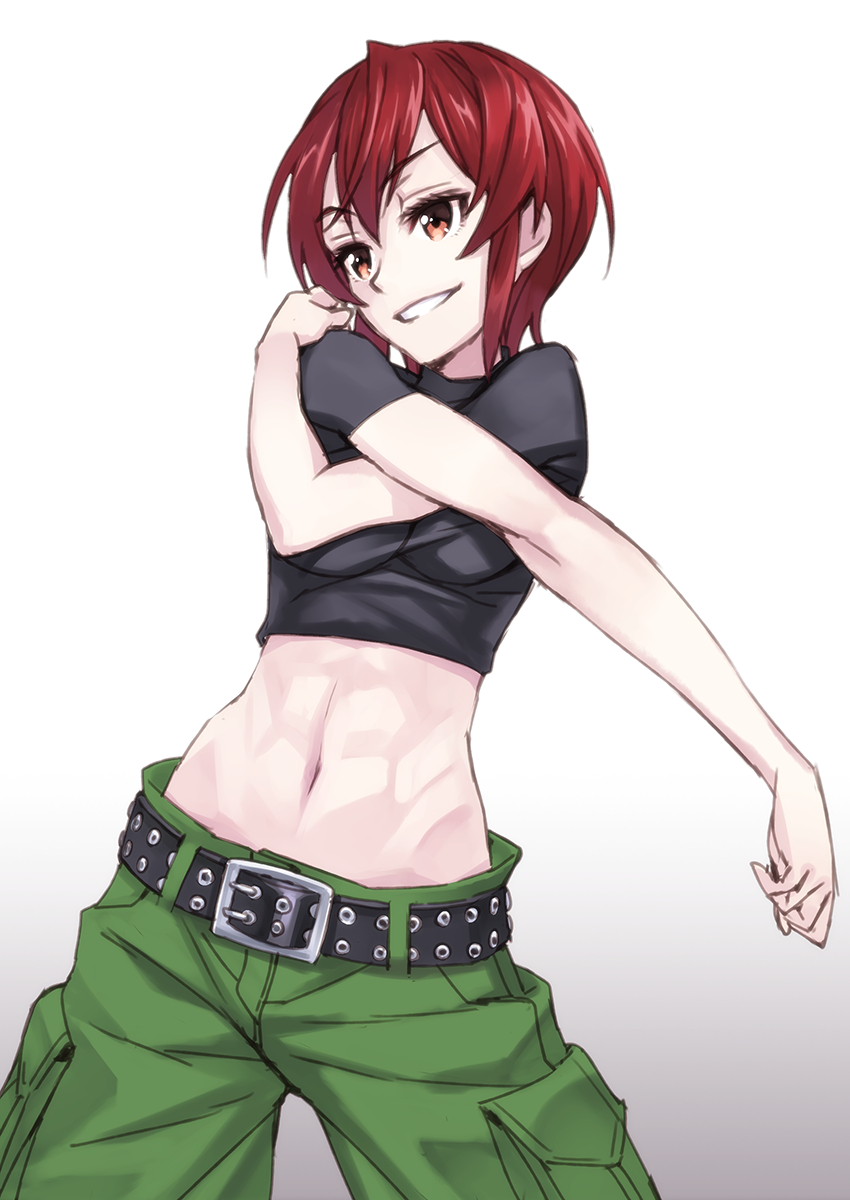 1girl abs bad_id belt brown_eyes highres kaibutsu_oujo matsuryuu midriff navel parted_lips redhead riza_wildman short_hair simple_background smile solo stretch white_background