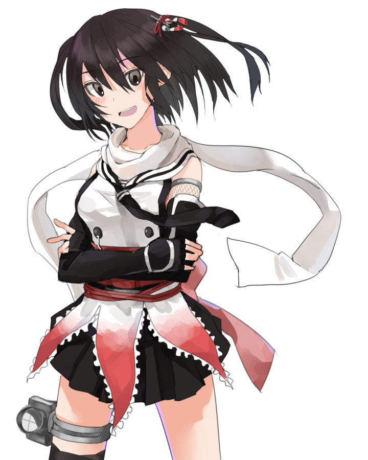 1girl black_eyes black_hair blush cowboy_shot crossed_arms fujibejifu kantai_collection looking_at_viewer necktie scarf sendai_(kantai_collection) simple_background skirt solo two_side_up white_background