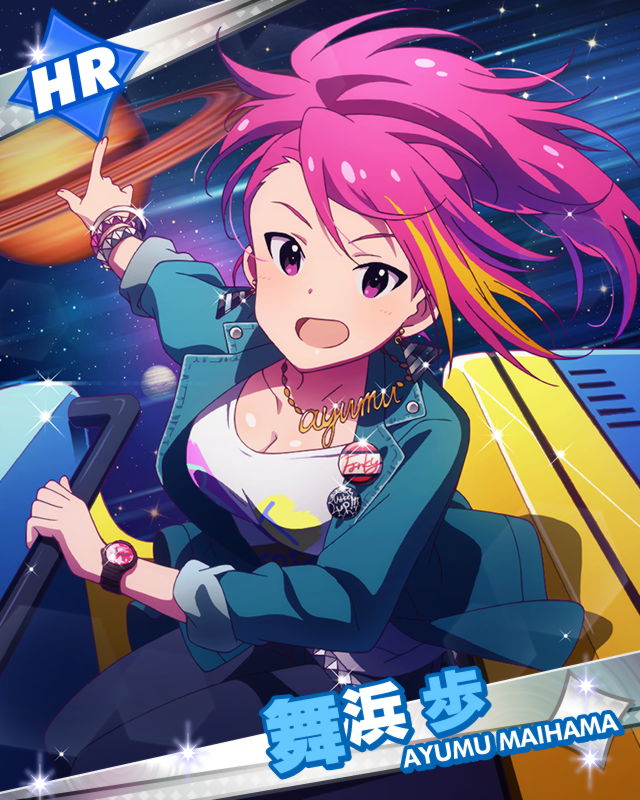 1girl artist_request badge bracelet button_badge character_name earrings idolmaster idolmaster_million_live! jewelry maihama_ayumu multicolored_hair necklace official_art pink_eyes pink_hair planet saturn smile streaked_hair