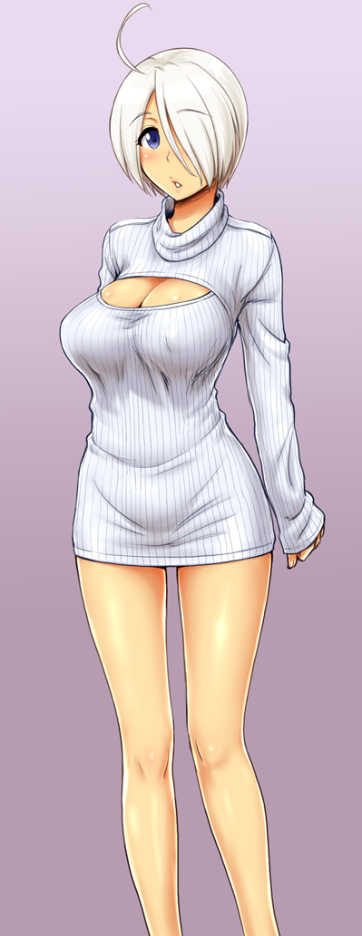 1girl ahoge angel_(kof) blue_eyes breasts cleavage hair_over_one_eye king_of_fighters large_breasts legs looking_at_viewer open-chest_sweater ribbed_sweater short_hair silver_hair solo st.germain-sal sweater sweater_dress thighs