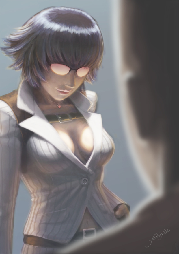 1girl belt black_hair breasts cassio_yoshiyaki devil_may_cry devil_may_cry_4 glasses jewelry lady_(devil_may_cry) lips navel necklace no_bra opaque_glasses over-rim_glasses pendant semi-rimless_glasses short_hair sideboob signature solo_focus sunglasses vertical_stripes
