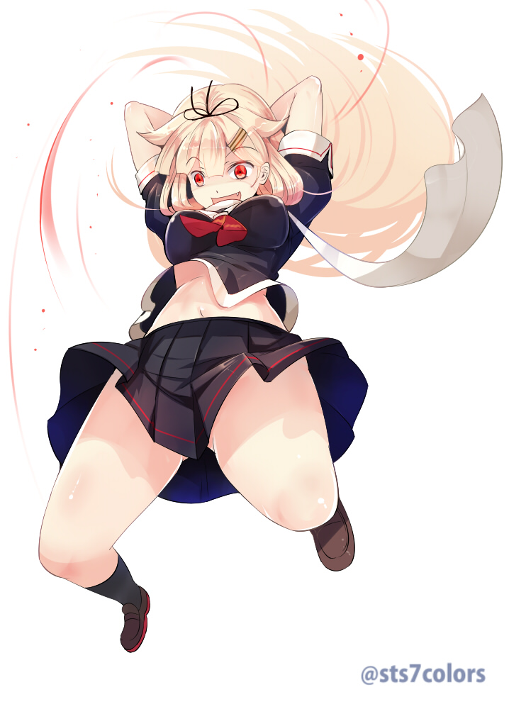 1girl :d arms_behind_head black_legwear black_serafuku black_skirt blonde_hair breasts brown_shoes fangs full_body hair_ornament hair_ribbon hairclip kantai_collection kneehighs loafers long_hair looking_at_viewer midriff navel open_mouth pleated_skirt red_eyes ribbon scarf school_uniform serafuku shoes simple_background skirt smile solo sts twitter_username upshirt white_background yuudachi_(kantai_collection)