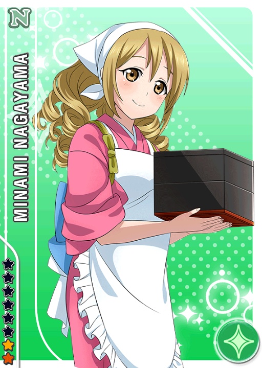 1girl apron artist_request blonde_hair blush bow brown_eyes card_(medium) character_name curly_hair looking_at_viewer love_live!_school_idol_festival love_live!_school_idol_project lunchbox nagayama_minami official_art smile solo