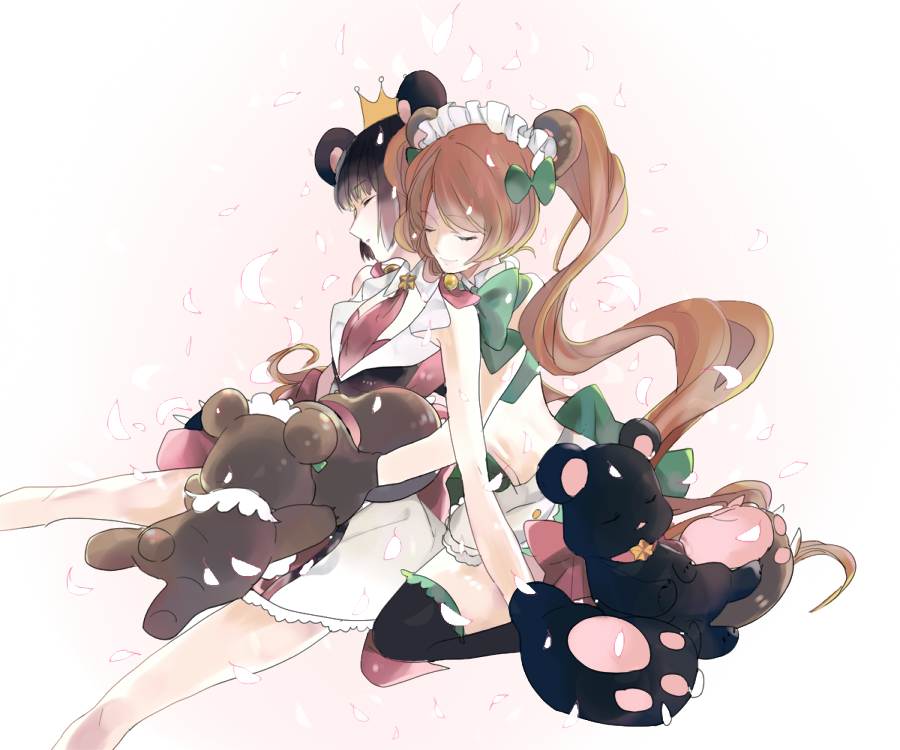 2girls animal_ears bear bear_ears bear_paws brown_hair camelot closed_eyes crown long_hair maid_headdress multiple_girls short_hair twintails yuri yuri_kuma_arashi yurigasaki_lulu yurishiro_ginko