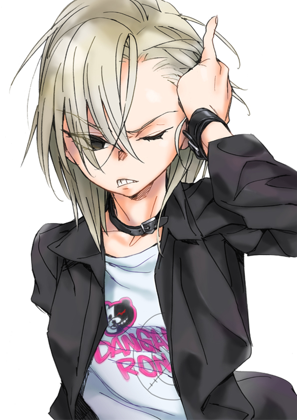 1girl adjusting_hair blonde_hair clenched_teeth collar dangan_ronpa hyakko jacket katou_haruaki looking_at_viewer makunouchi_ushio monokuma one_eye_closed open_clothes open_jacket print_shirt short_hair solo wristband