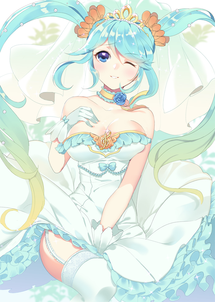 1girl alternate_costume blonde_hair blue_eyes blue_hair breasts crown dakun dress dress_tug garter_belt garter_straps hand_on_own_chest large_breasts league_of_legends leg_lift long_hair looking_at_viewer multicolored_hair off_shoulder one_eye_closed parted_lips sona_buvelle thigh-highs thighs twintails two-tone_hair veil very_long_hair wedding_dress white_dress white_legwear