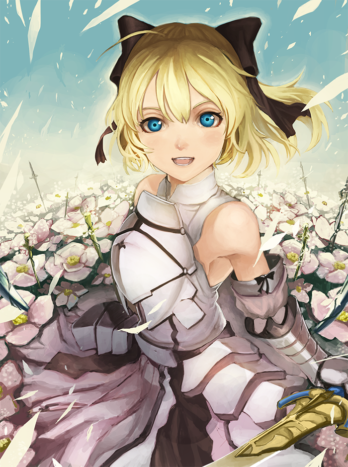 1girl ahoge armor armored_dress bare_shoulders blonde_hair blue_eyes bow detached_sleeves dress fate/unlimited_codes fate_(series) flower gauntlets hair_bow ponytail rikkido saber saber_lily solo sword weapon