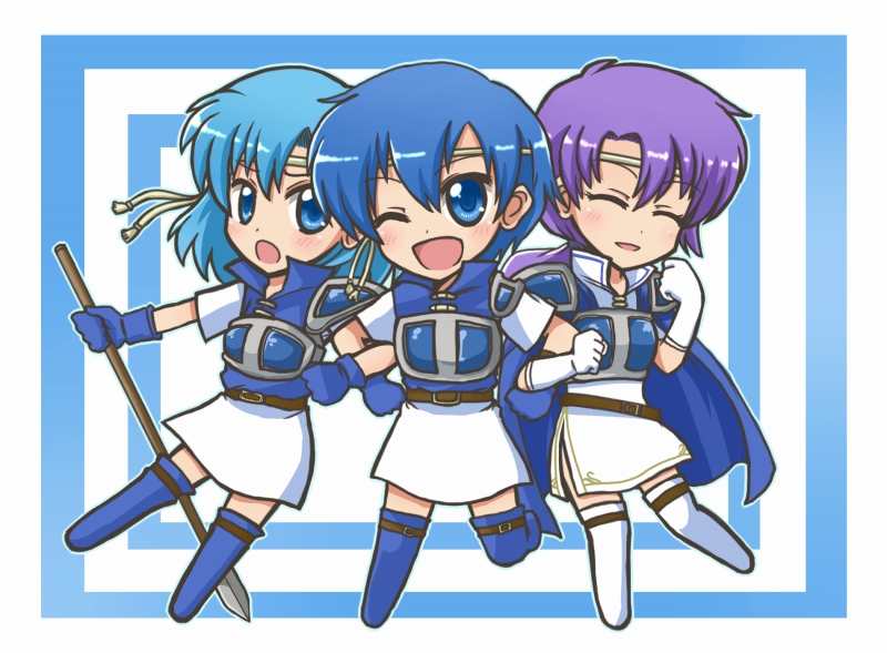 3girls :o ;d armor armored_dress bell blue_eyes blue_hair blue_legwear cape chibi closed_eyes fire_emblem fire_emblem:_fuuin_no_tsurugi gloves headband multiple_girls one_eye_closed open_mouth polearm purple_hair reverse_(bluefencer) siblings simple_background sisters skirt smile spear tate thany thigh-highs weapon white_legwear white_skirt yuno_(fire_emblem)