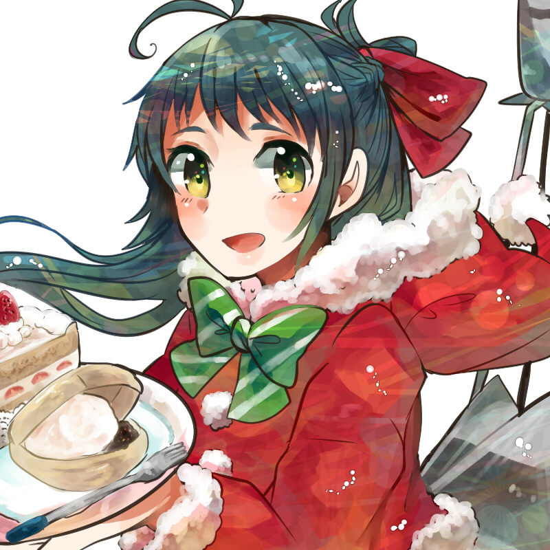 1girl black_hair bow cake dish dress food fork green_eyes hair_bow hair_ribbon irako_(kantai_collection) itomugi-kun kantai_collection long_hair mamiya_(kantai_collection) open_mouth pastry ponytail ribbon santa_costume smile solo