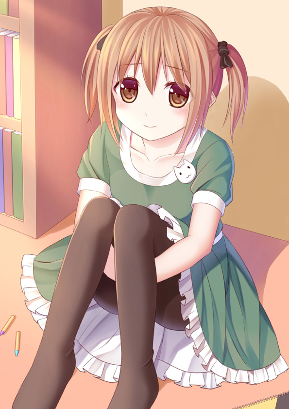 1girl book bookshelf bow brown_eyes brown_hair collarbone crayon dress hair_bow hands_under_legs ikeda_yuuki light_smile looking_at_viewer margikarman_itoa pantyhose shadow short_hair short_twintails sitting solo tachibana_aki twintails