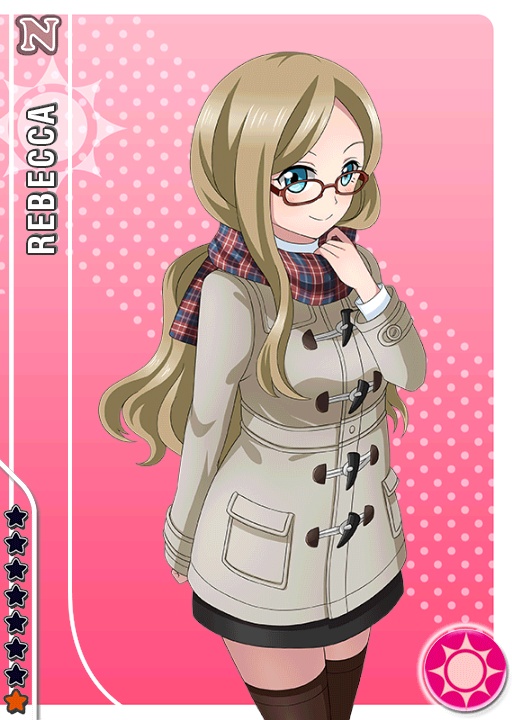 1girl artist_request blonde_hair blue_eyes blush brown_legwear card_(medium) character_name coat glasses long_hair looking_at_viewer love_live!_school_idol_festival love_live!_school_idol_project official_art plaid plaid_scarf rebecca_(love_live!) red-framed_glasses scarf smile solo thigh-highs