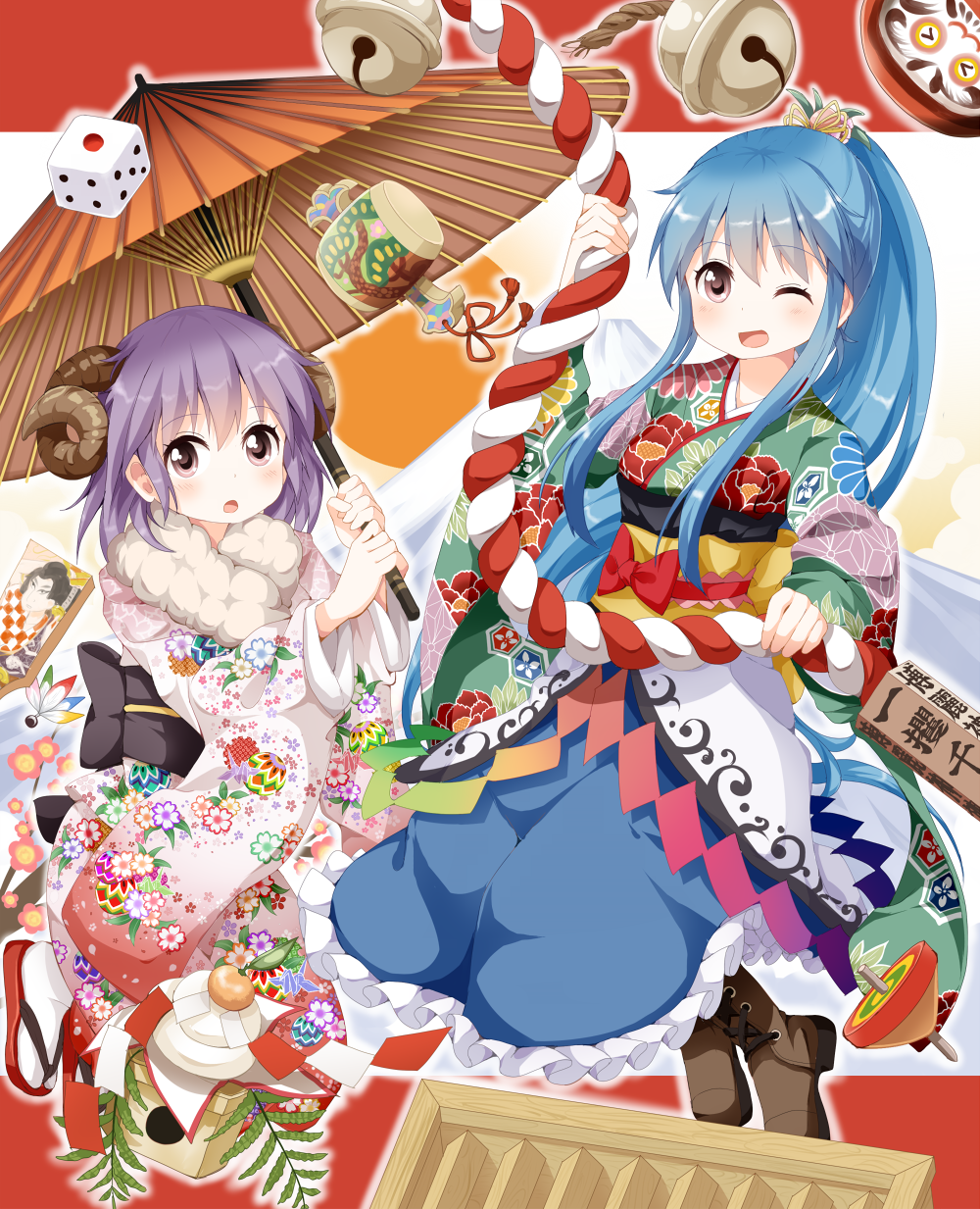 2girls adapted_costume alternate_costume alternate_hairstyle blue_hair box charm dice donation_box highres hinanawi_tenshi horns japanese_clothes kagami_mochi kimono long_hair long_sleeves miracle_mallet multiple_girls nagae_iku new_year obi one_eye_closed open_mouth oriental_umbrella pink_eyes ponytail purple_hair sash sheep_horns shirt shrine_bell skirt smile touhou tsurukou_(tksymkw) umbrella very_long_hair wide_sleeves