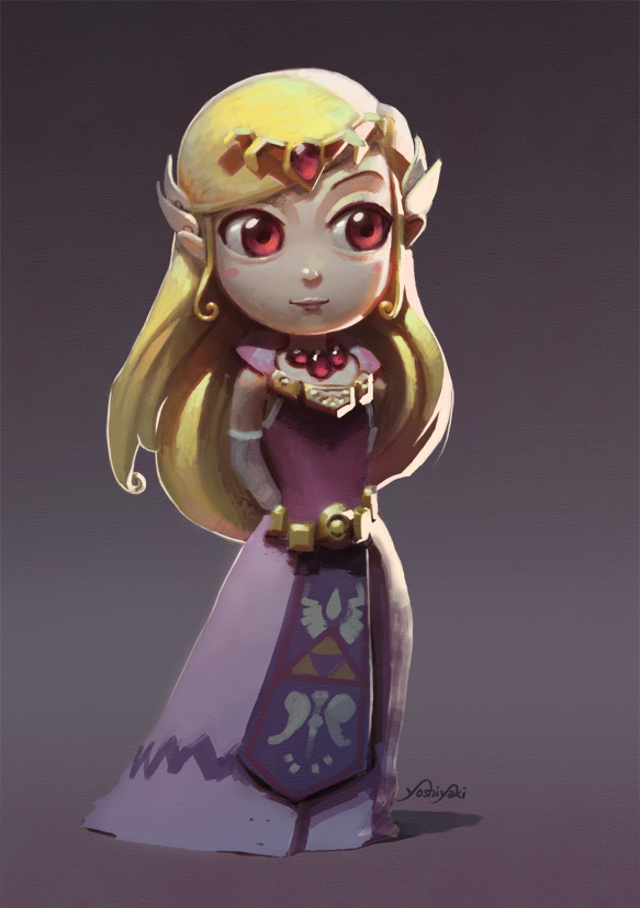 1girl arms_behind_back blonde_hair cassio_yoshiyaki elbow_gloves forehead_jewel gloves hair_ornament hairclip long_dress long_hair pointy_ears princess_zelda red_eyes solo tabard the_legend_of_zelda tiara triangular_headpiece wind_waker