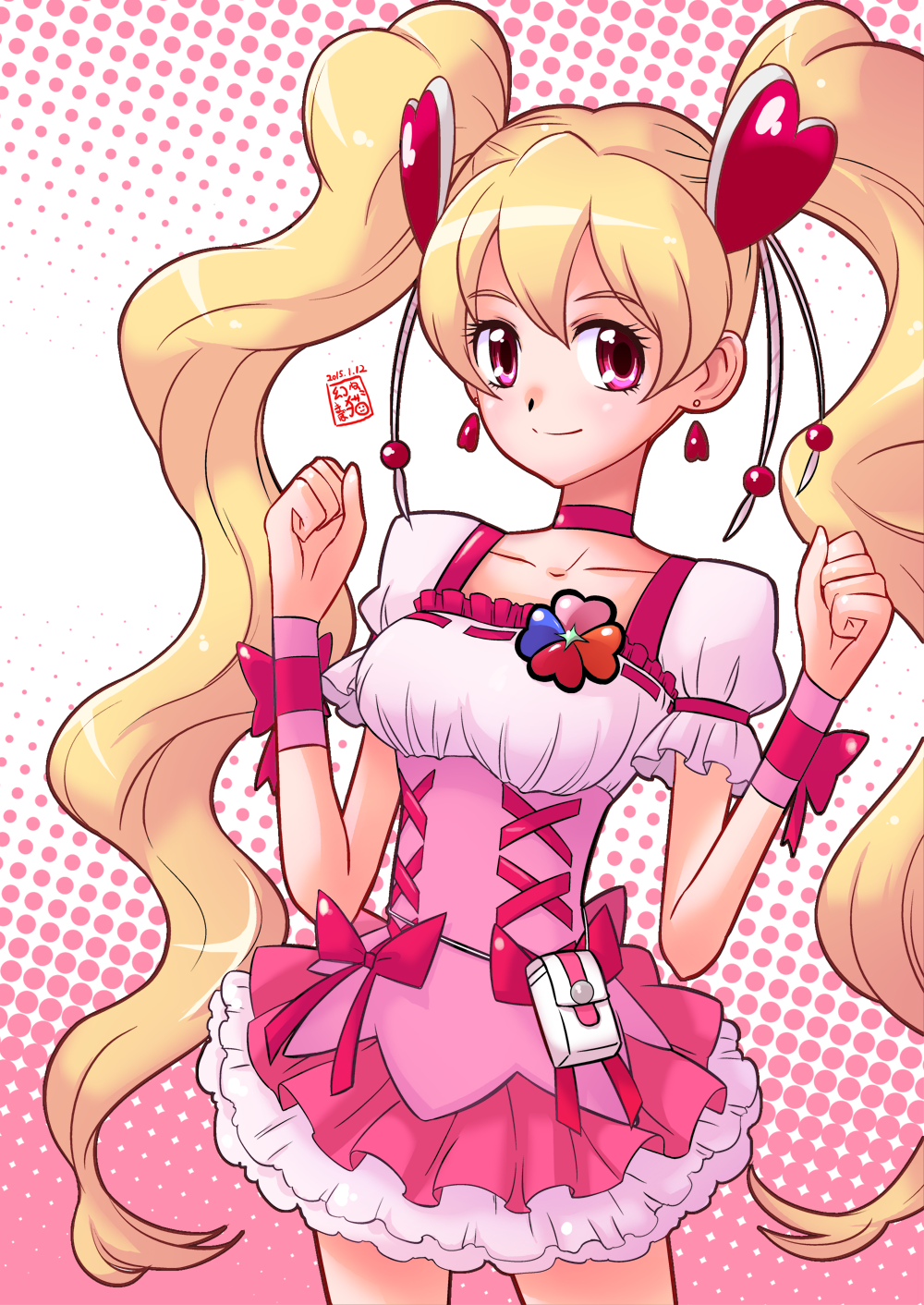 1girl 2015 blonde_hair breasts choker collarbone cure_peach earrings fresh_precure! frilled_skirt frills hair_ornament halftone halftone_background heart heart_hair_ornament highres jewelry long_hair maboroshineko magical_girl momozono_love pink_background pink_eyes polka_dot polka_dot_background precure skirt smile solo twintails