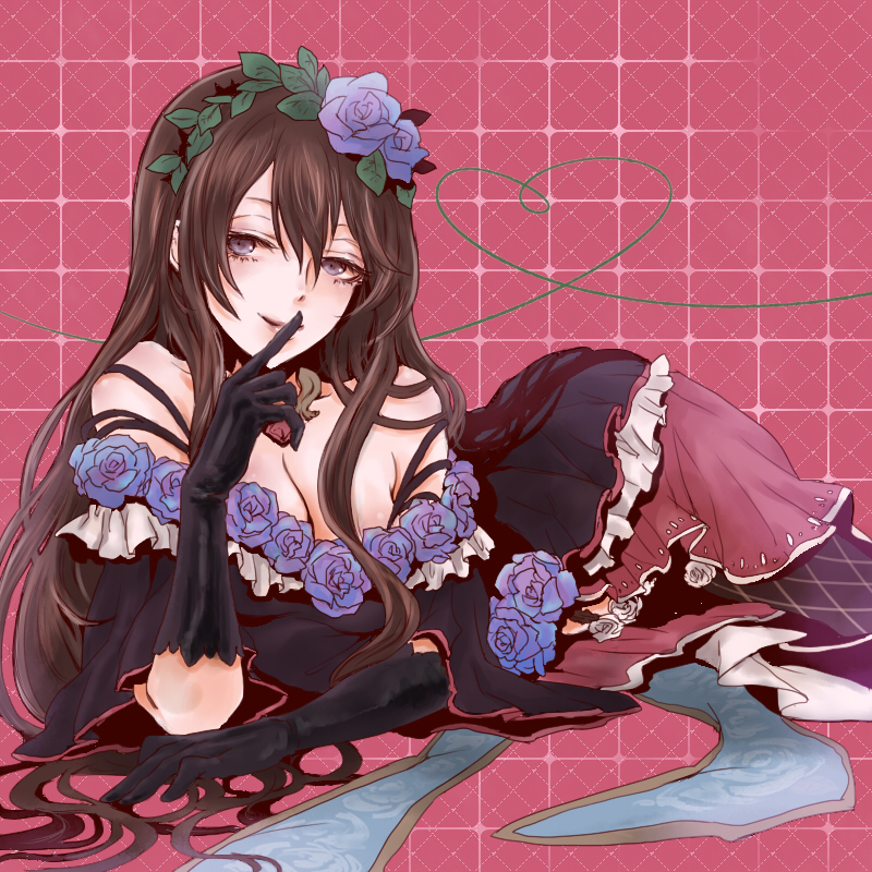 1girl bare_shoulders black_dress black_gloves blue_eyes blue_rose brown_hair character_request dress elbow_gloves finger_to_mouth flat_gaze flower flower_on_head gloves granblue_fantasy hair_between_eyes hairband lips long_hair looking_at_viewer lying mtmiwa404 off_shoulder on_side rose solo very_long_hair wavy_hair