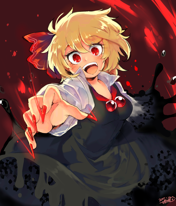 1girl blonde_hair bow darkness hair_bow iroyopon open_mouth red_eyes red_nose rumia short_hair solo touhou