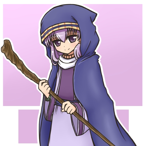 1girl alternate_costume cloak fire_emblem fire_emblem:_fuuin_no_tsurugi holding long_hair lowres purple_background purple_hair reverse_(bluefencer) robe simple_background smile sofiya solo staff violet_eyes