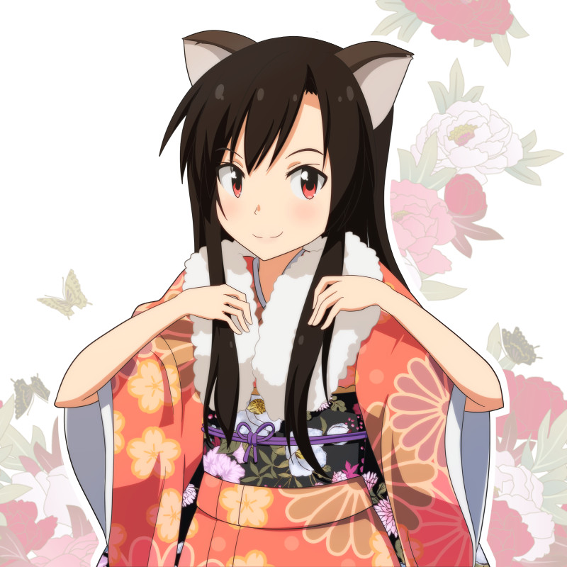 1girl alternate_costume animal_ears black_hair brooch brown_eyes butterfly cato_(monocatienus) cherry_blossoms chrysanthemum floral_background floral_print flower imaizumi_kagerou japanese_clothes jewelry kimono long_hair long_sleeves obi payot red_eyes sash smile solo touhou werewolf wide_sleeves wolf_ears