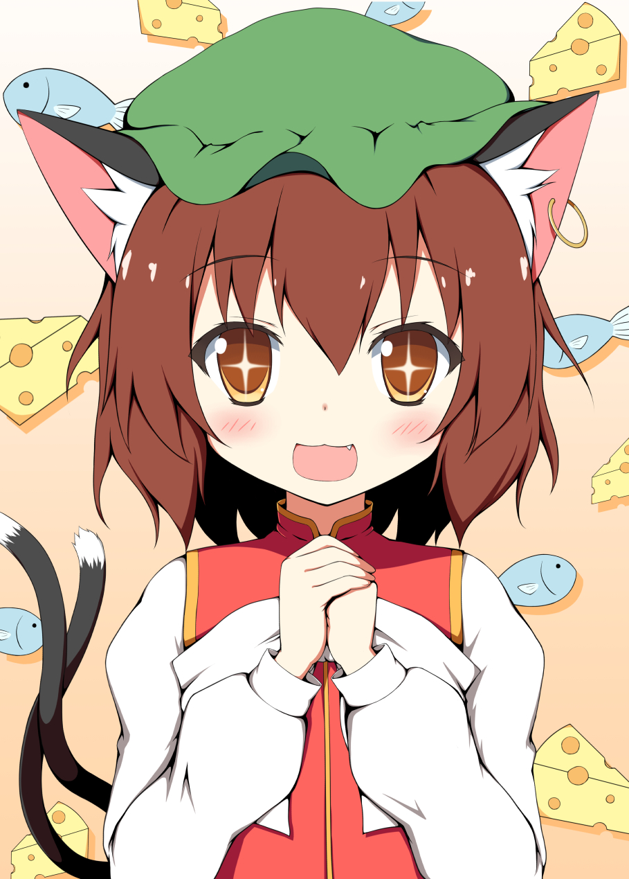 +_+ 1girl :3 animal_ears blush bow brown_eyes brown_hair bust cat_ears cat_tail cheese chen dress ear_piercing fang fish highres jewelry long_sleeves mizuki_(kogetsu-tei) mob_cap multiple_tails open_mouth piercing red_dress shirt single_earring smile solo tail touhou