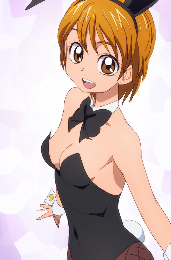 1girl :d animal_ears bare_shoulders bowtie breasts brown_eyes brown_hair bunny_tail bunnysuit cleavage fishnet_pantyhose fishnets futari_wa_precure looking_at_viewer manji_(tenketsu) misumi_nagisa open_mouth pantyhose precure rabbit_ears short_hair smile solo tail