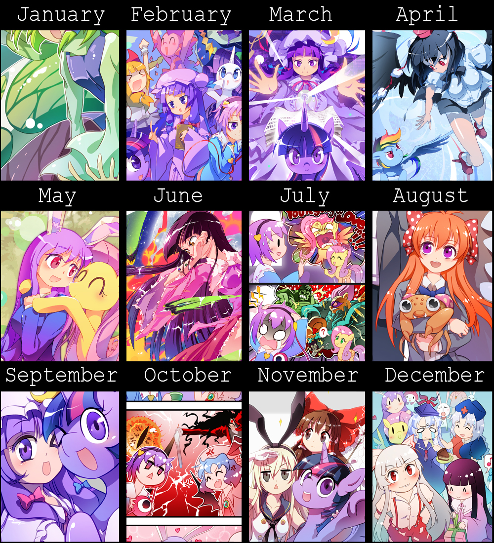 6+girls fluttershy gekkan_shoujo_nozaki-kun hakurei_reimu houraisan_kaguya kantai_collection komeiji_satori multiple_girls my_little_pony my_little_pony_friendship_is_magic paras patchouli_knowledge pokemon pokemon_(creature) rainbow_dash rarity sakura_chiyo shimakaze_(kantai_collection) touhou twilight_sparkle xin_yu_hua_yin