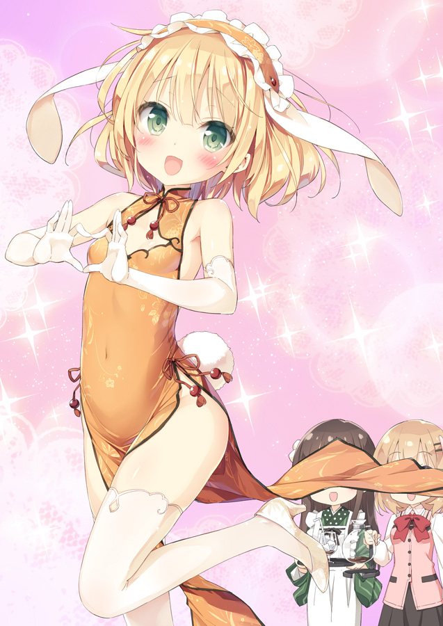 3girls animal_ears apron bare_shoulders blonde_hair blush brown_hair bunny_tail china_dress chinese_clothes cleavage_cutout coffee_pot covered_navel cup elbow_gloves gloves gochuumon_wa_usagi_desuka? green_eyes hairband heart heart_hands hidden_face high_heels hoto_cocoa japanese_clothes kimono kirima_sharo long_hair looking_at_viewer multiple_girls no_panties open_mouth peko rabbit_ears revision short_hair side_slit small_breasts smile tail thigh-highs tray ujimatsu_chiya waitress white_gloves white_legwear