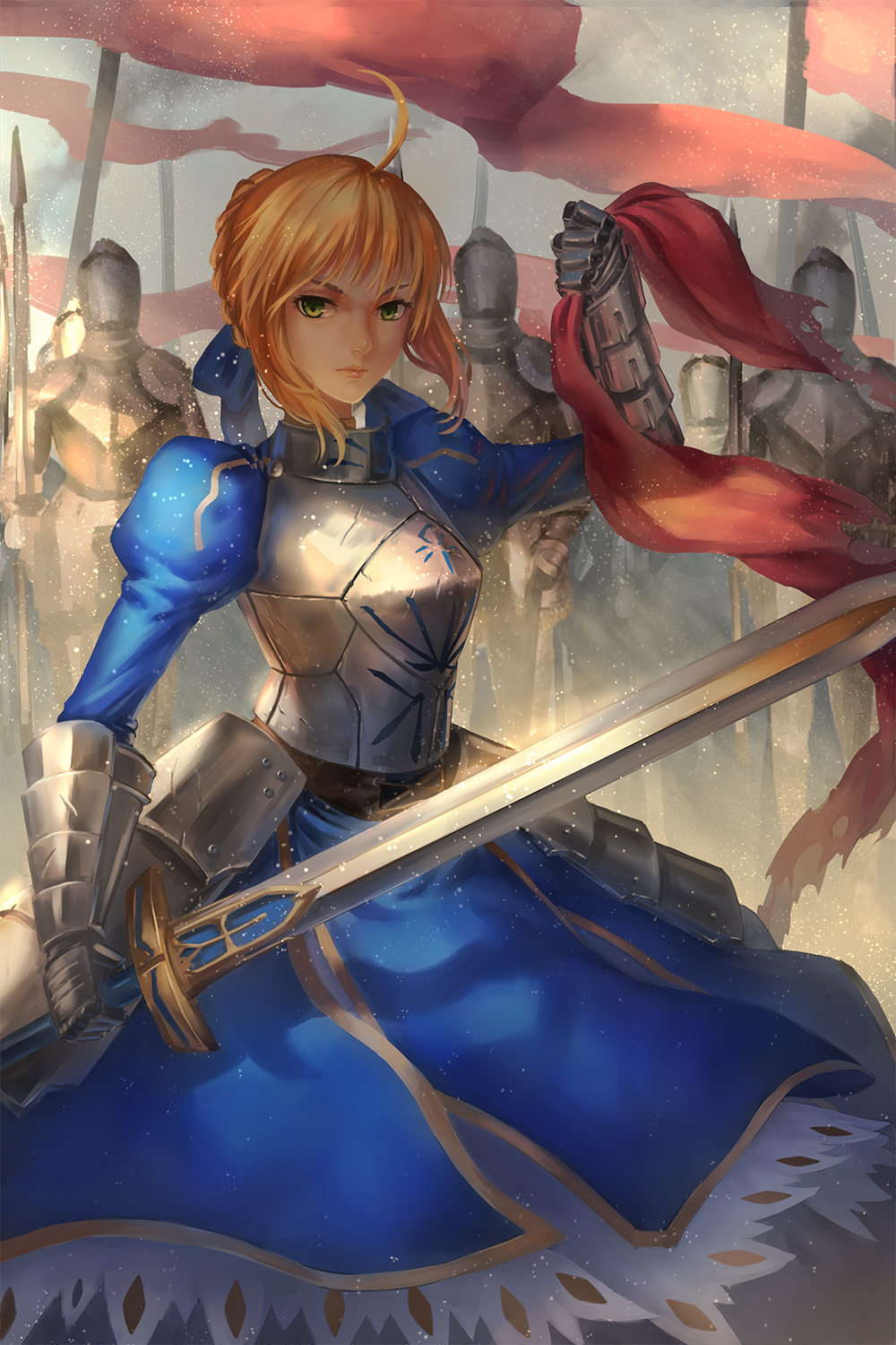 1girl armor armored_dress blonde_hair blue_dress codec007 dress fate/stay_night fate_(series) gauntlets green_eyes hair_ribbon highres juliet_sleeves knight long_sleeves metal_gloves puffy_sleeves ribbon saber sword weapon