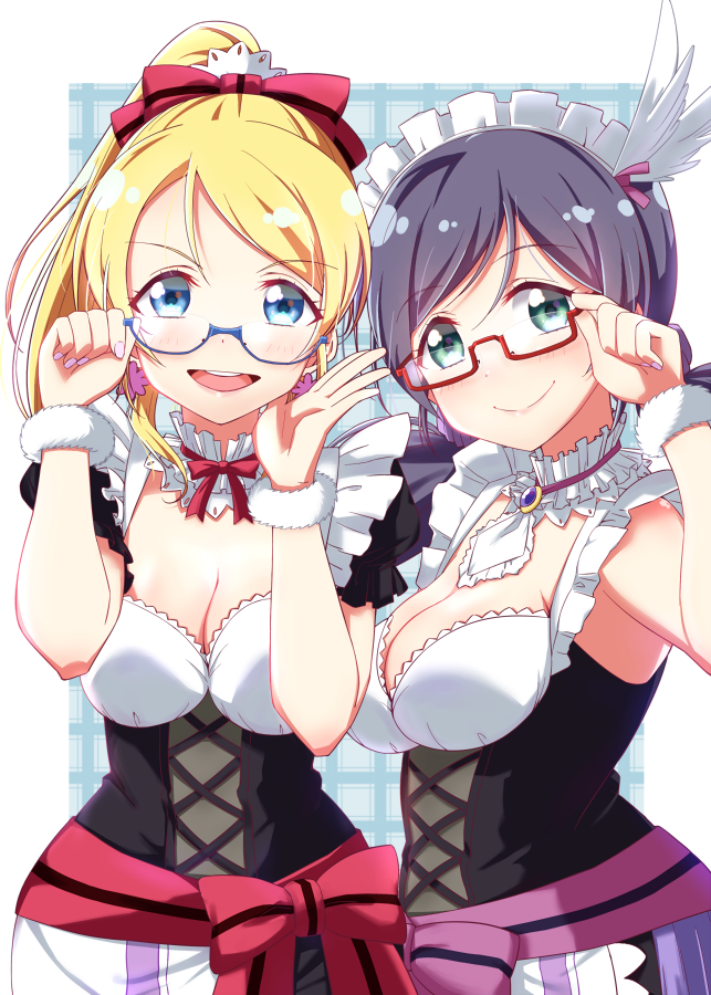 2girls ayase_eli bespectacled blonde_hair blue-framed_glasses blue_eyes breasts choker cleavage glasses green_eyes looking_at_viewer love_live!_school_idol_project maid maid_headdress mogyutto_"love"_de_sekkin_chuu! multiple_girls ponytail purple_hair red-framed_glasses smile sukaru573 toujou_nozomi twintails