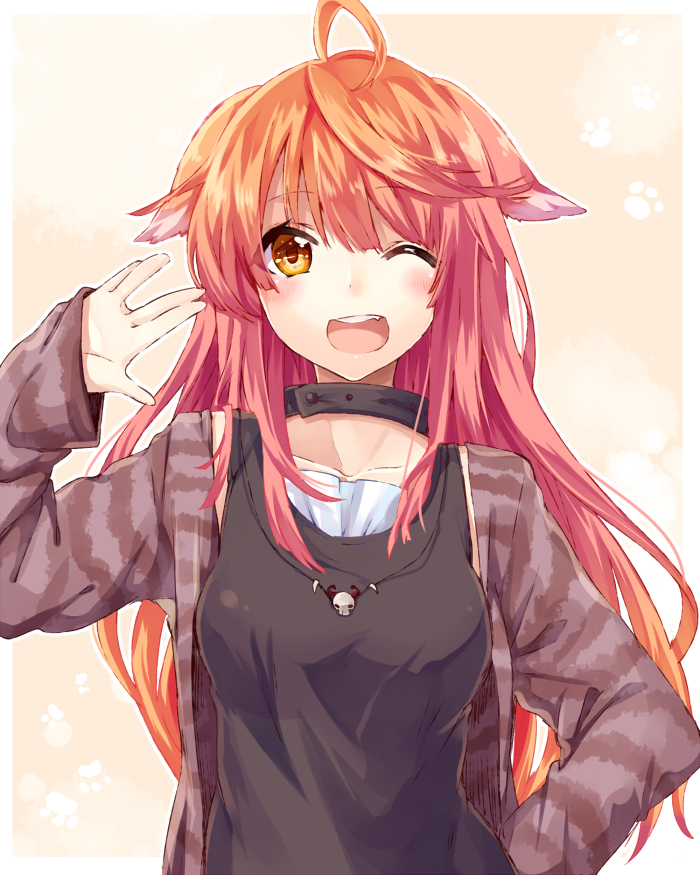 1girl ahoge amber_eyes animal_ears breasts bust collar collarbone dog_ears long_hair long_sleeves looking_at_viewer open_mouth original redhead shirt smile solo very_long_hair vest yuya_(night_lily)