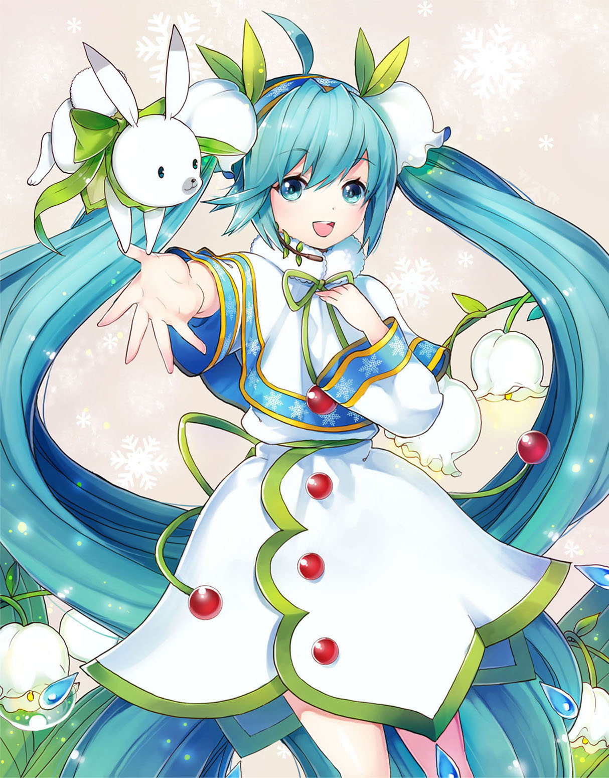 1girl ahoge aqua_eyes aqua_hair hand_on_own_chest hatsune_miku headset highres kimijima0301 long_hair looking_at_viewer outstretched_arm rabbit snowdrop_(flower) snowflakes twintails very_long_hair vocaloid yuki_miku