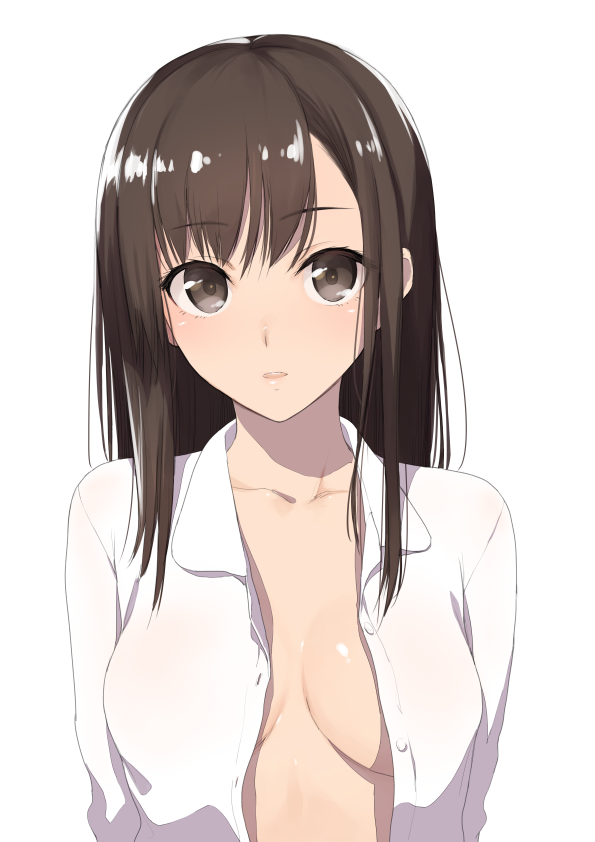 1girl breasts brown_eyes brown_hair bust f-cla long_hair no_bra open_clothes open_shirt original parted_lips solo