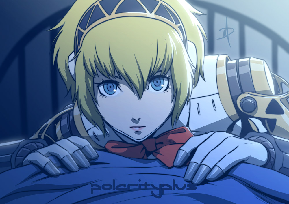 1girl aegis aegis_(persona) android bed blonde_hair blue_eyes commentary daniel_macgregor headphones looking_at_viewer night persona persona_3 pov ringed_eyes robot_joints short_hair solo