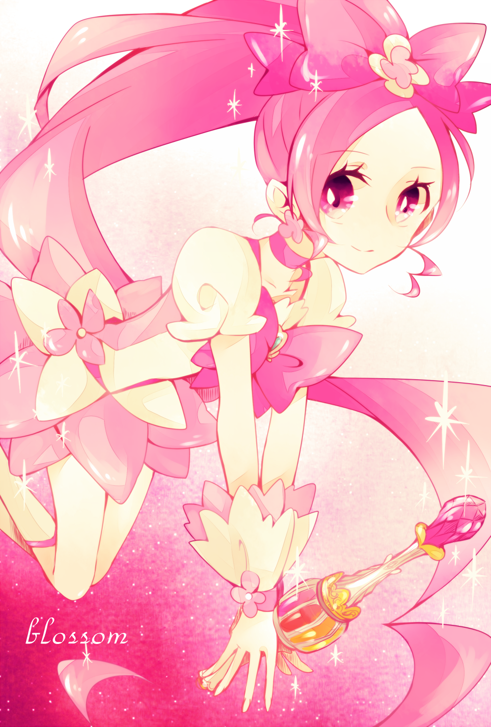 1girl absurdly_long_hair boots cure_blossom flower hair_ornament hanasaki_tsubomi heart heartcatch_precure! highres knee_boots long_hair looking_at_viewer magical_girl pink_eyes pink_hair ponytail precure ribbon skirt smile solo sparkle text very_long_hair w00p wrist_cuffs